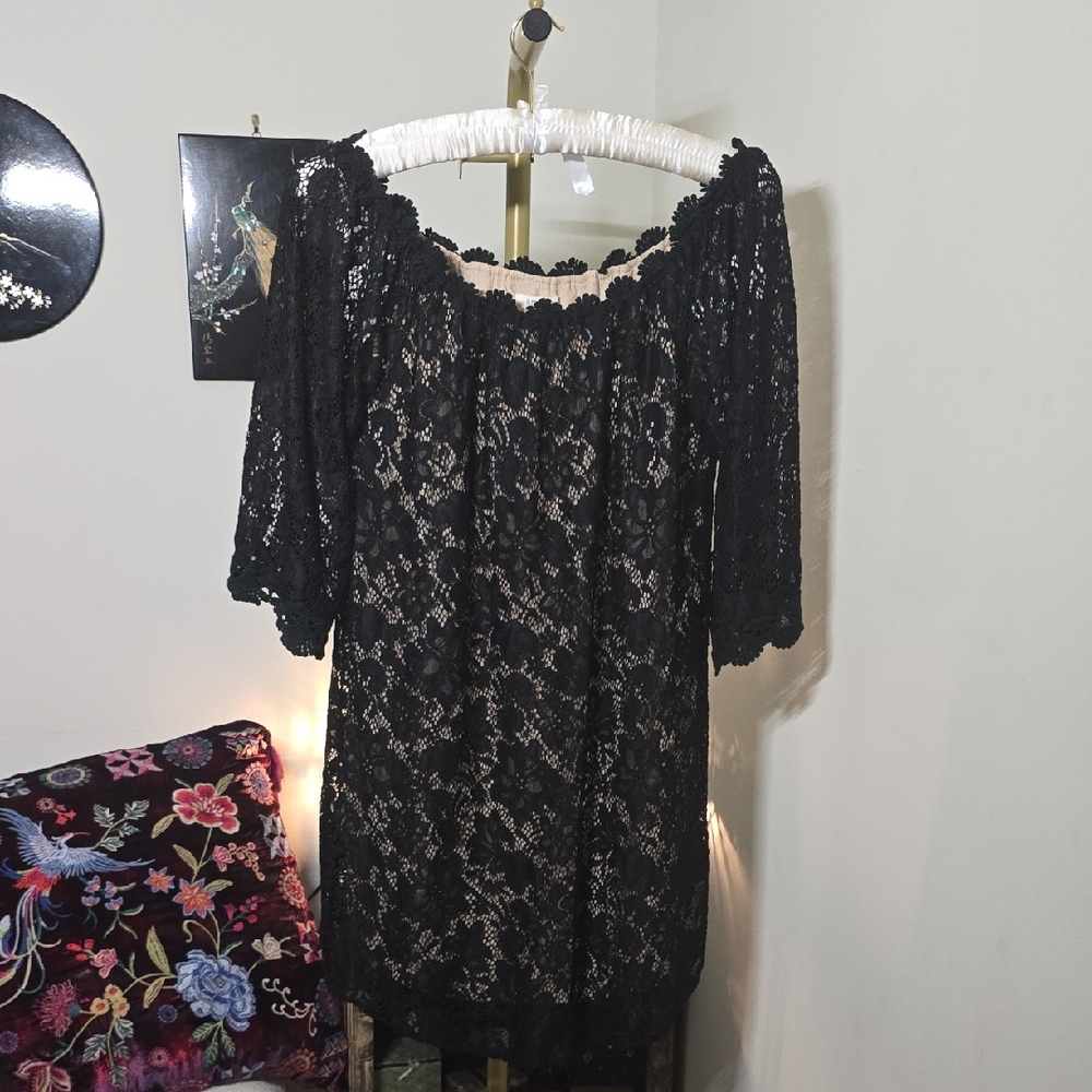 Umgee Black and Cream Lace Shift Dress